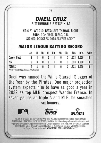 2022 Topps Bowman Platinum Oneil Cruz RC Pittsburgh Pirates #78