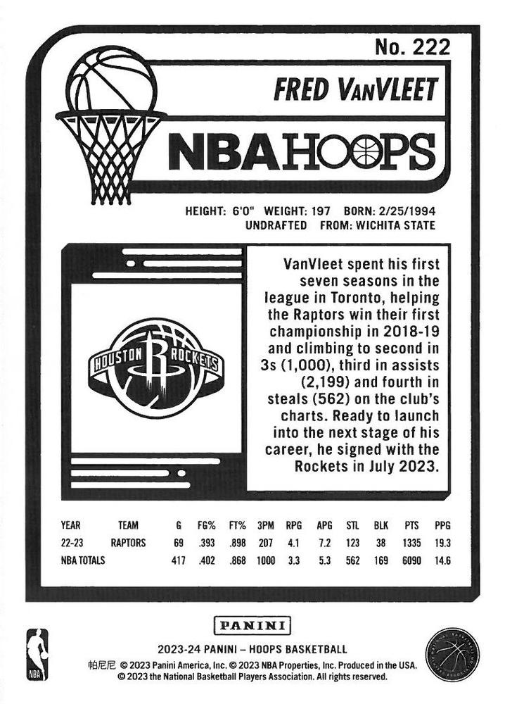 2023 Panini Hoops Fred VanVleet #222 Houston Rockets