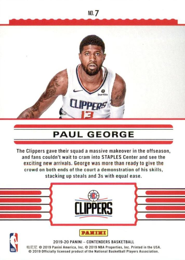 2019 Panini Contenders Front Row Seat Paul George #7 Los Angeles Clippers