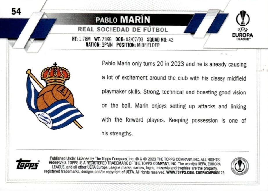 2022 Topps Chrome UCC Pablo Marín RC #54 Real Sociedad