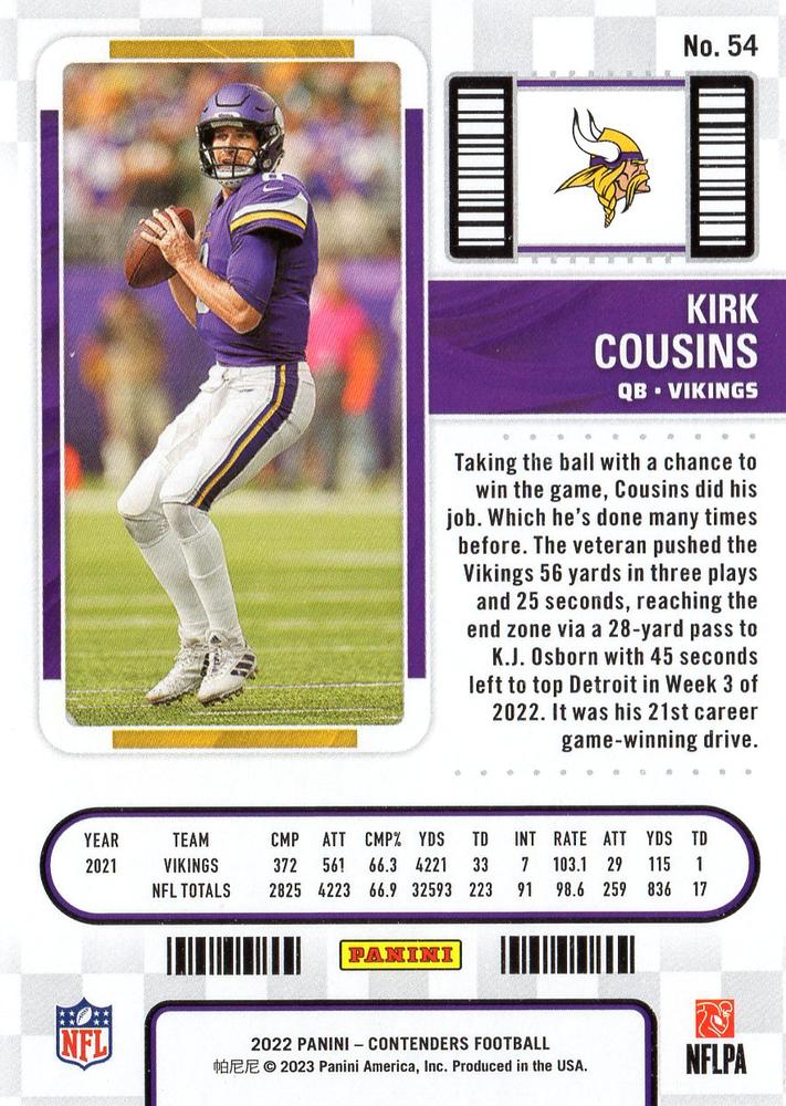 2022 Panini Contenders Kirk Cousins Minnesota Vikings #54