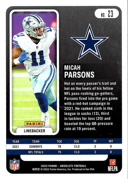 2022 Panini Absolute Micah Parsons #23 Dallas Cowboys