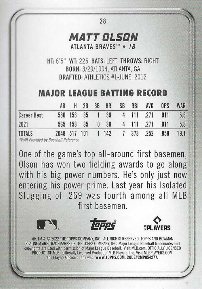 2022 Topps Bowman Platinum Matt Olson Atlanta Braves #28