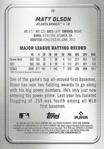 2022 Topps Bowman Platinum Matt Olson Atlanta Braves #28