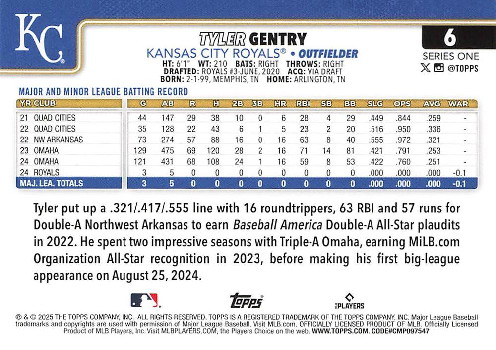 2025 Topps Series 1 Tyler Gentry RC Kansas City Royals #6