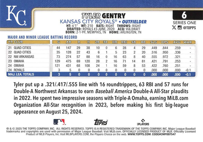 2025 Topps Series 1 Tyler Gentry RC Kansas City Royals #6