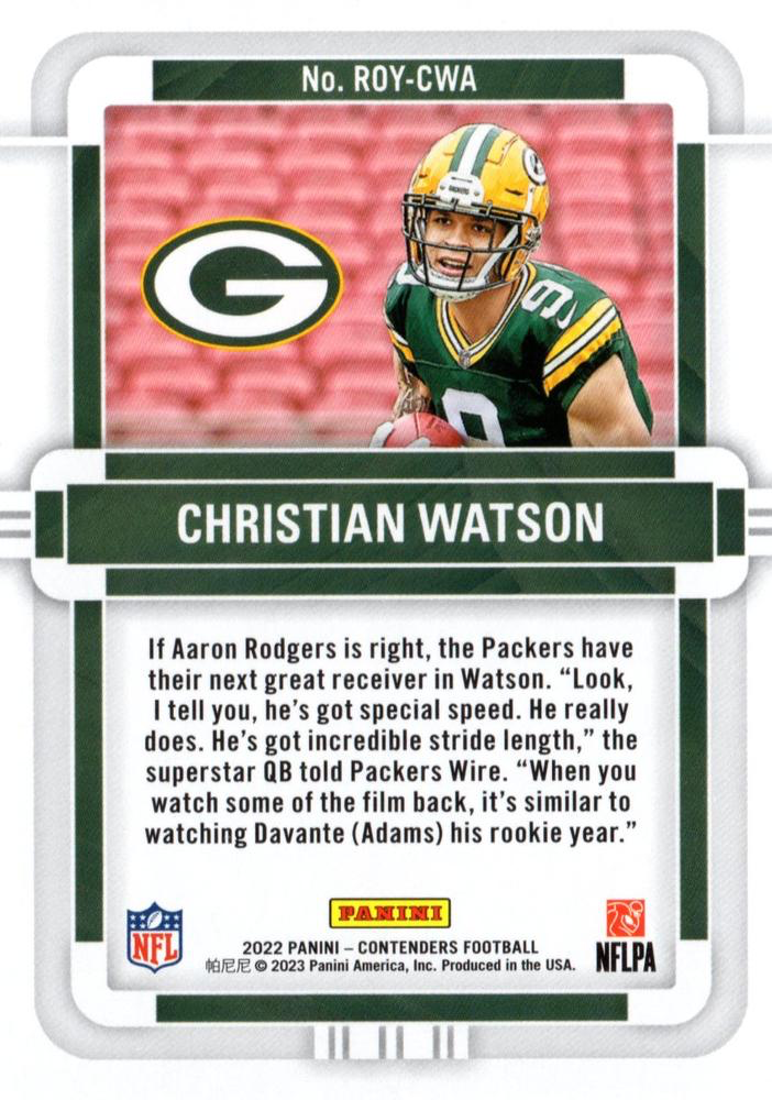 2022 Panini Contenders Rookie of the Year Emerald Christian Watson #ROY-CWA Packers