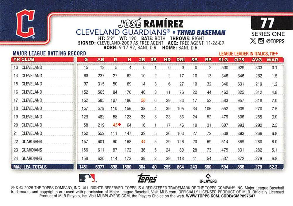 2025 Topps Series 1 José Ramírez Cleveland Guardians #77