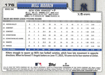 2026 Topps Series 1 Will Warren #176 New York Yankees