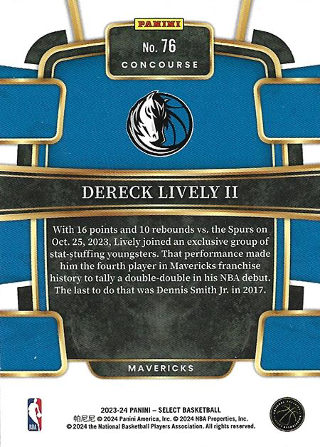 2023 Panini Select NBA Blue Dereck Lively II RC #76 Dallas Mavericks