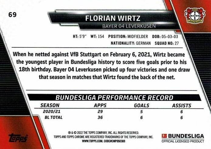 2021 Topps Chrome Bundesliga Florian Wirtz #69 Bayer 04 Leverkusen