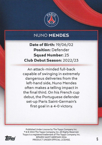 2023 Topps PSG Team Set Nuno Mendes #5 Paris Saint-Germain