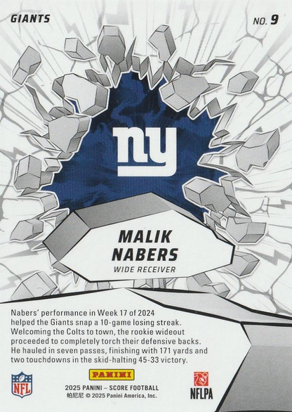 2025 Panini Score Emerged Malik Nabers #9 New York Giants