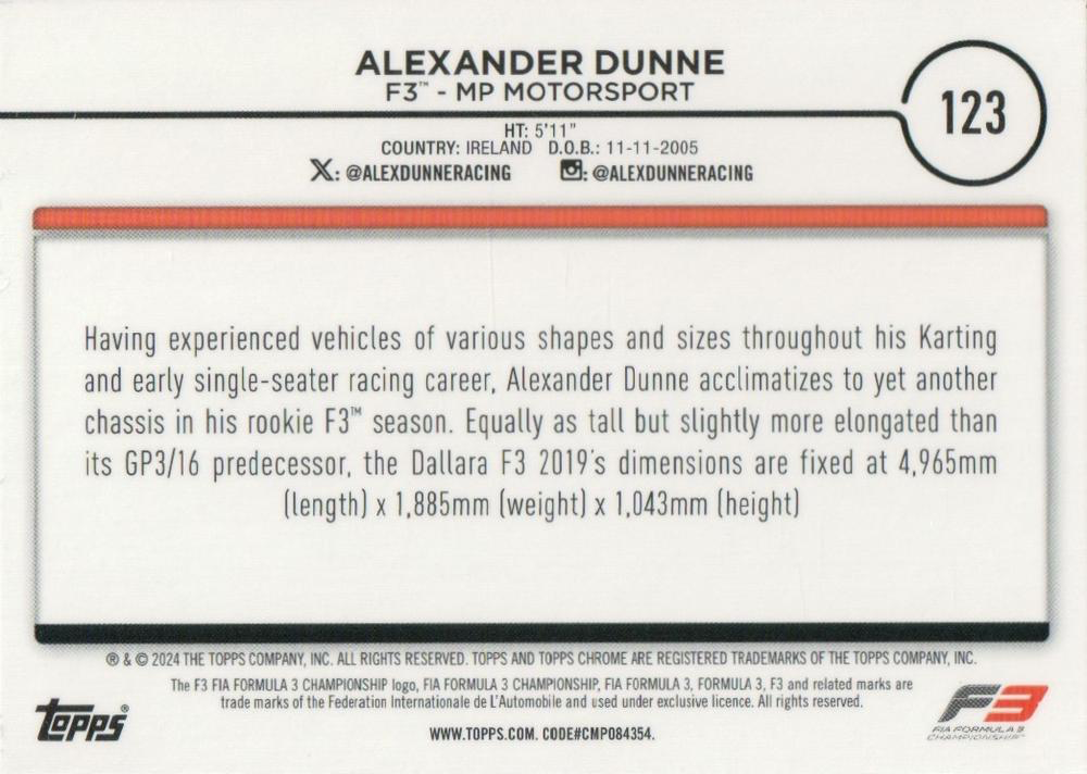 2024 Topps Chrome Formula 1 Alexander Dunne F3C #123 MP Motorsport
