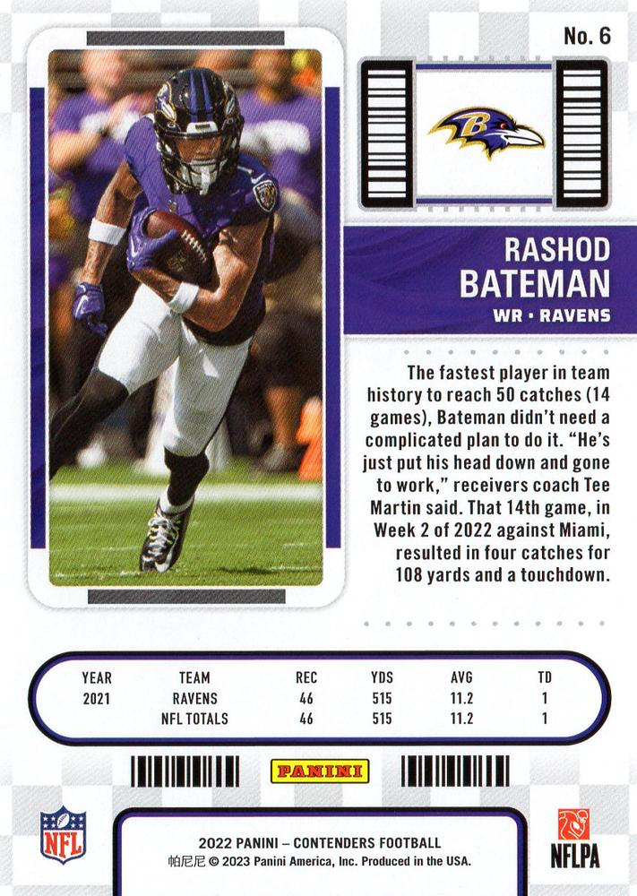 2022 Panini Contenders Rashod Bateman Baltimore Ravens #6