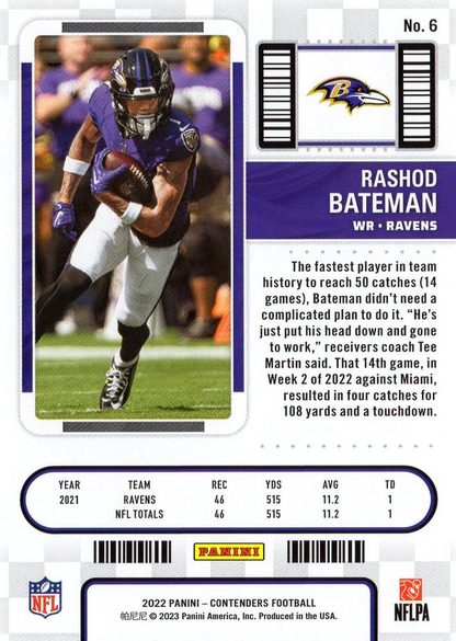 2022 Panini Contenders Rashod Bateman Baltimore Ravens #6