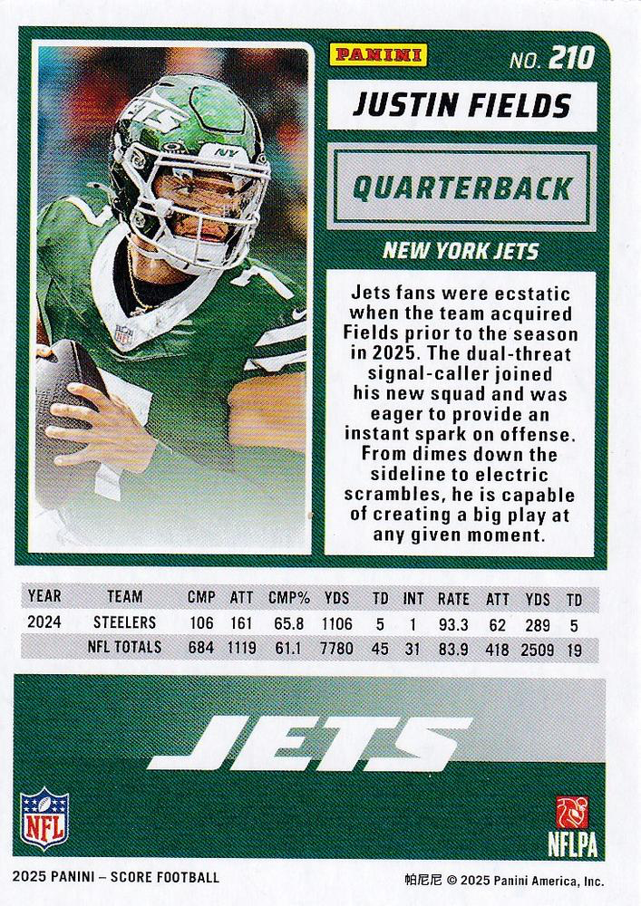 2025 Panini Score Justin Fields #210 New York Jets