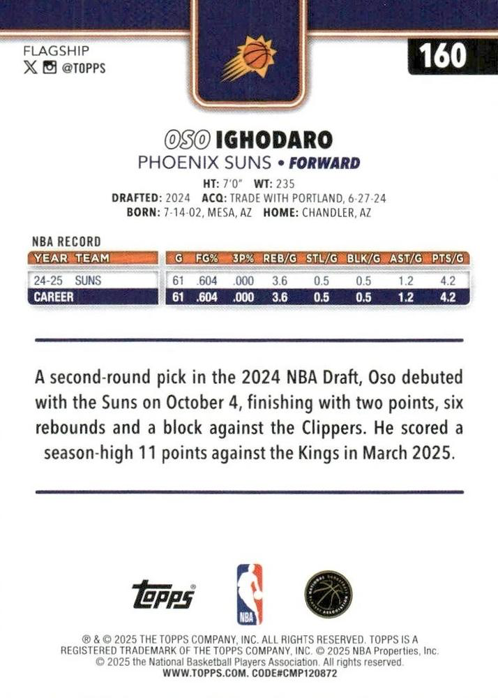 2025 Topps NBA Oso Ighodaro #160 Phoenix Suns