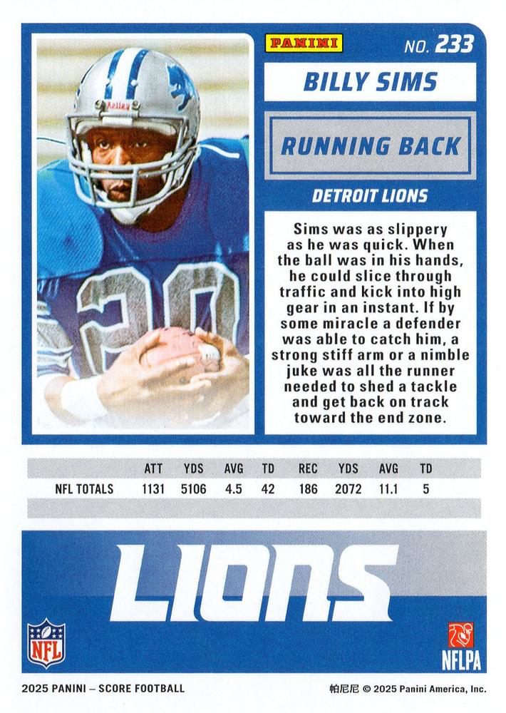 2025 Panini Score Billy Sims #233 Detroit Lions