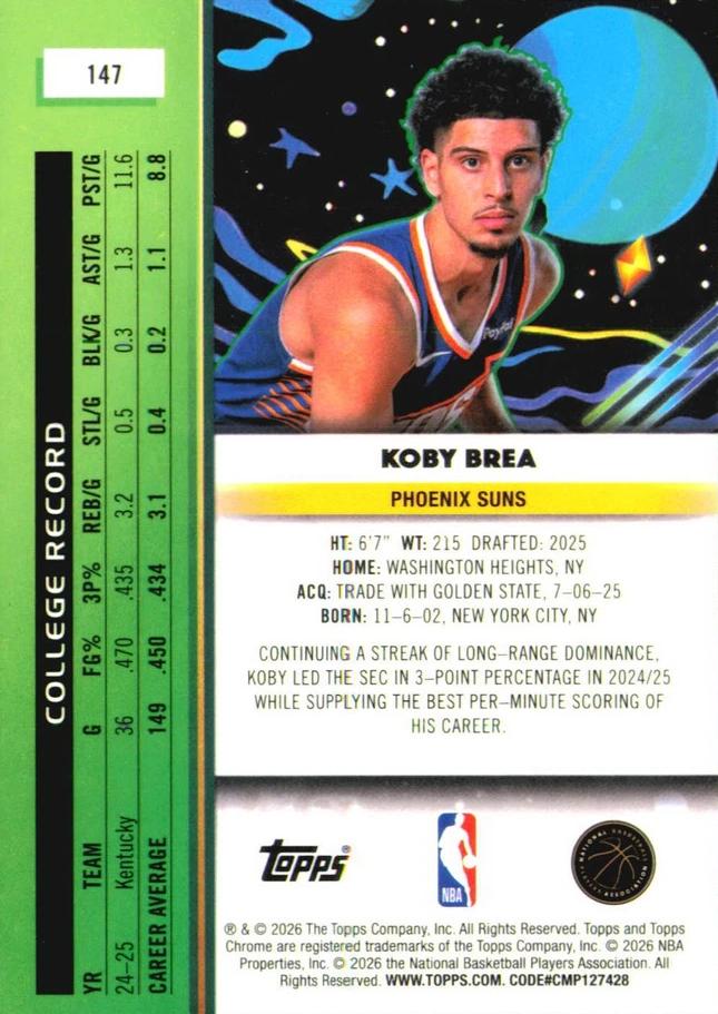 2025 Topps Chrome Cosmic Koby Brea RC #147 Phoenix Suns