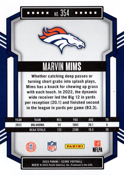 2023 Panini Score Football Marvin Mims Denver Broncos #354 RC