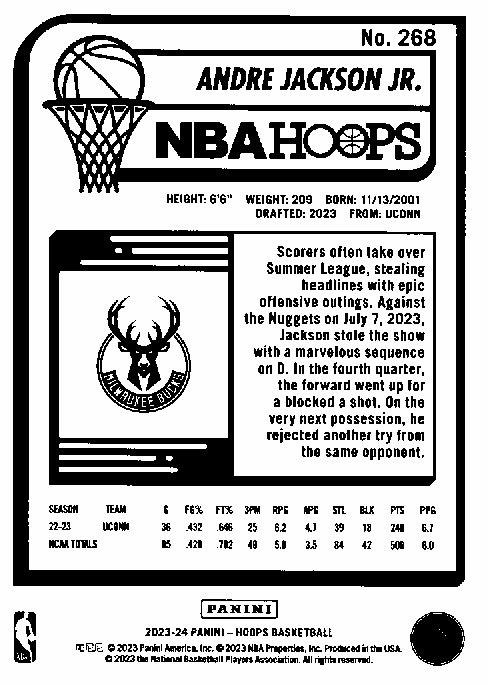 2023 Panini Hoops Andre Jackson Jr. RC #268 Milwaukee Bucks
