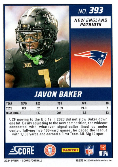 2024 Panini Score Football Javon Baker New England Patriots #393 RC