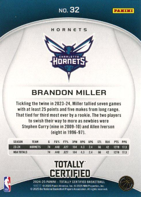 2024 Panini Totally Certified Brandon Miller #32 Charlotte Hornets