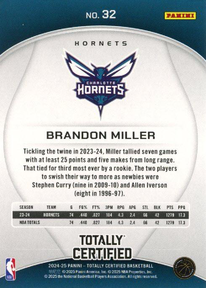 2024 Panini Totally Certified Brandon Miller #32 Charlotte Hornets