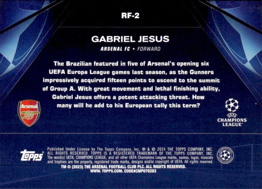 2023 Topps UCC Road to the Final Gabriel Jesus RF-2 Arsenal FC