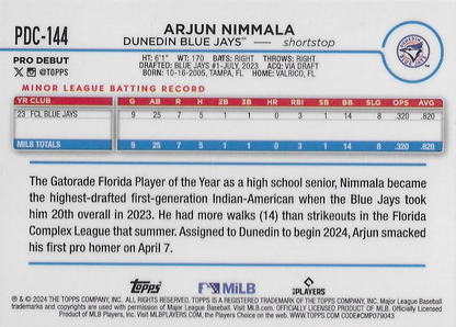 2024 Topps Pro Debut Chrome Refractor Arjun Nimmala #PDC-144 Dunedin Blue Jays