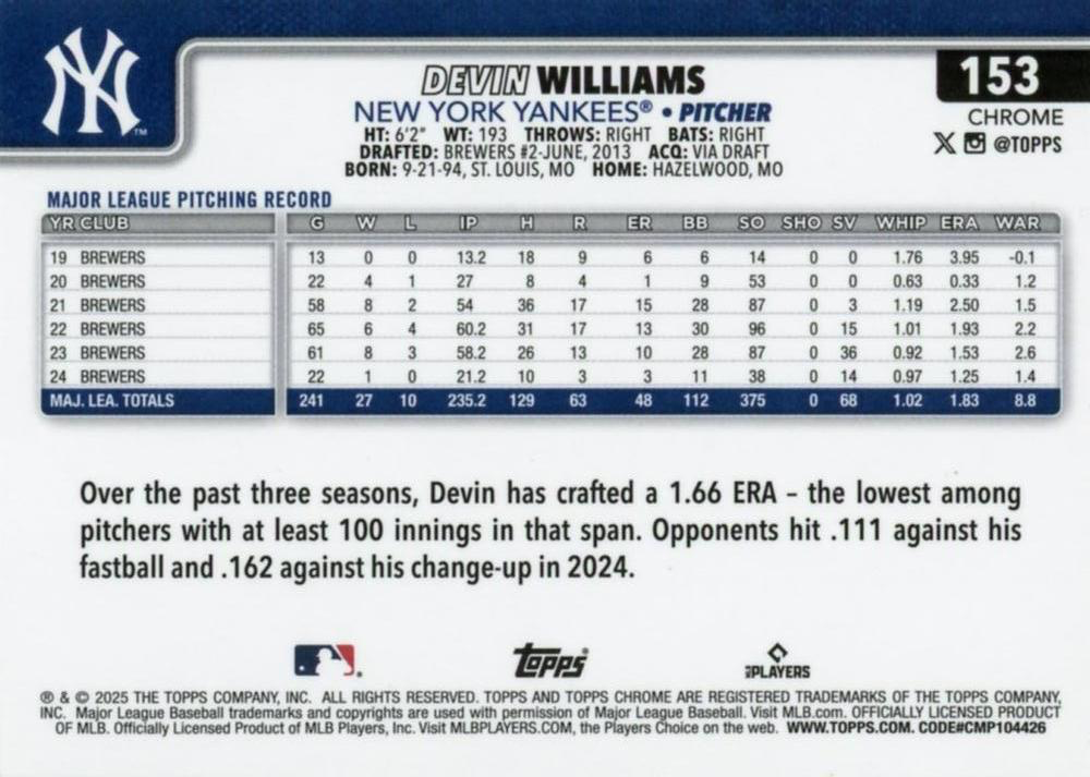 2025 Topps Chrome MLB Devin Williams #153 New York Yankees