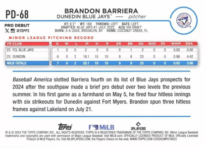 2024 Topps Pro Debut Brandon Barriera #PD-68 Dunedin Blue Jays