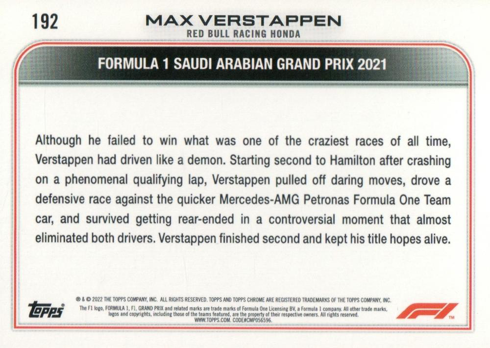 2022 Topps Chrome Formula 1 Black & White RayWave Max Verstappen #192 Red Bull Racing Honda