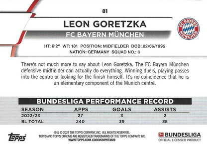 2023 Topps Chrome Bundesliga Leon Goretzka #81 FC Bayern Munich