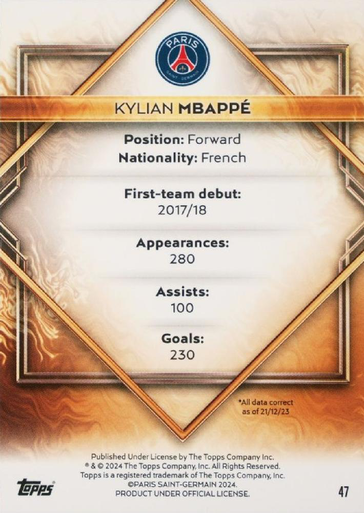 2023 Topps PSG Team Set Gold Drip Kylian Mbappé #47 Paris Saint-Germain