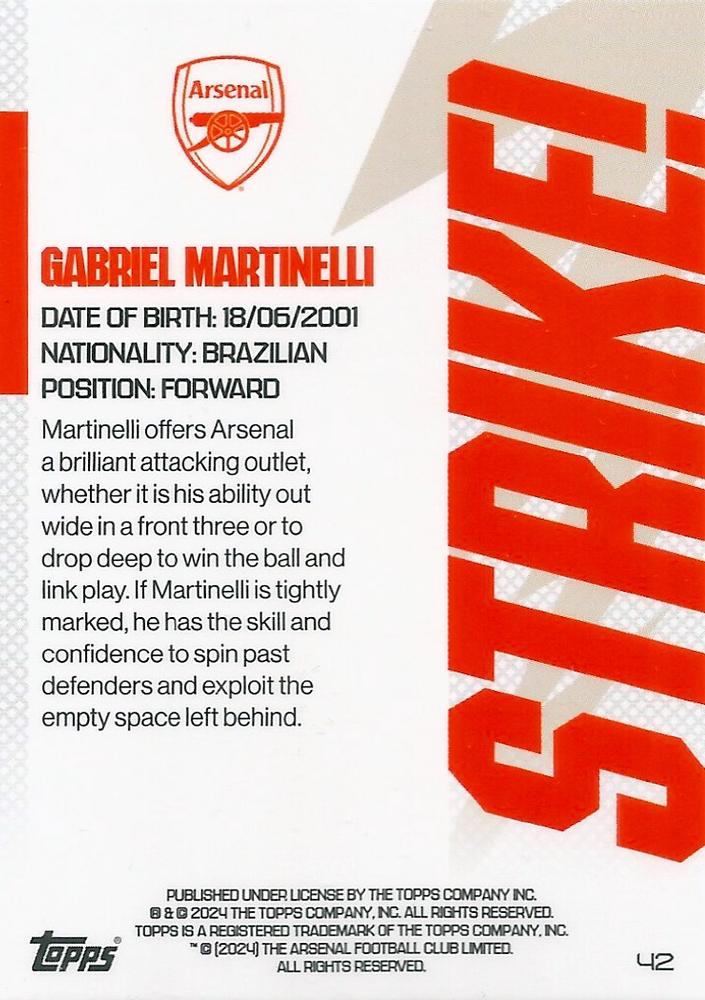 2023 Topps Arsenal Team Set Gabriel Martinelli Strike! #42 Arsenal FC