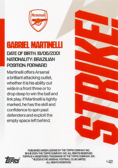 2023 Topps Arsenal Team Set Gabriel Martinelli Strike! #42 Arsenal FC