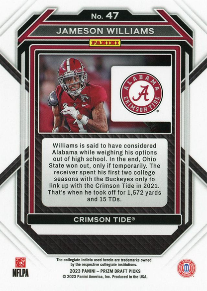 2023 Panini Prizm Draft Picks Jameson Williams #47 Alabama Crimson Tide