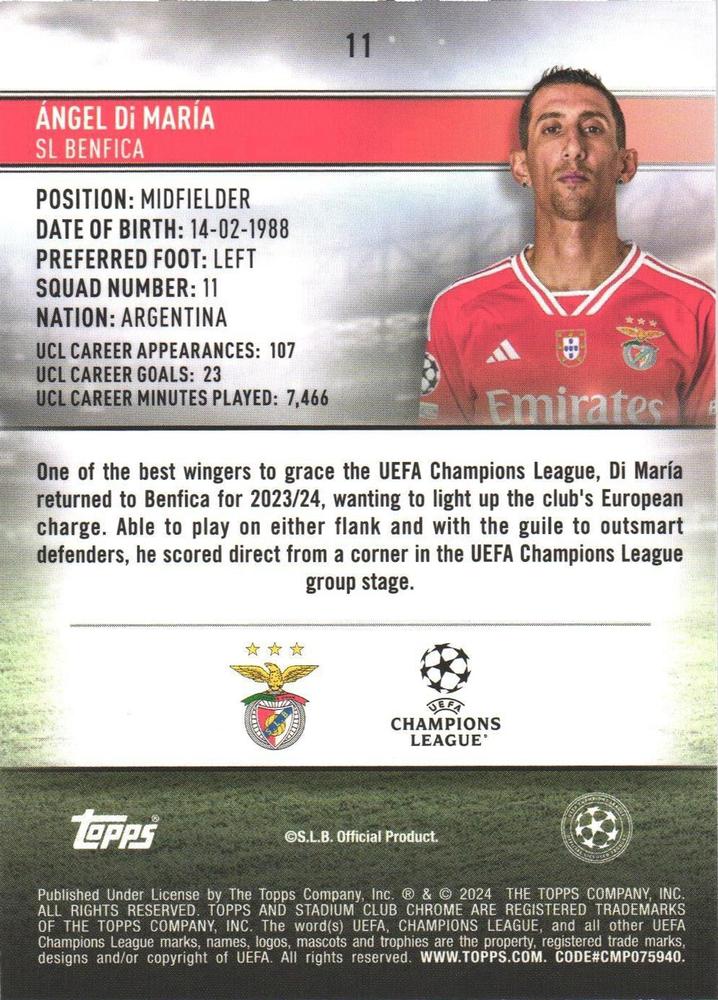 2023 Topps Stadium Club Chrome UCC Refractor Angel Di María #11 Benfica