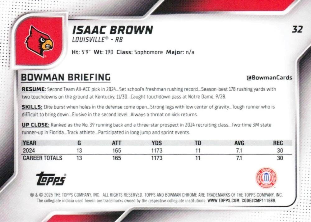 2025 Topps Bowman U Chrome Isaac Brown 1st #32 Louisville Cardinals