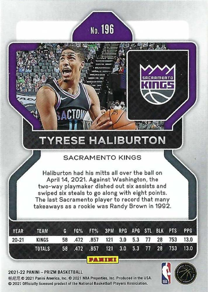 2021 Panini Prizm Tyrese Haliburton #196 Sacramento Kings
