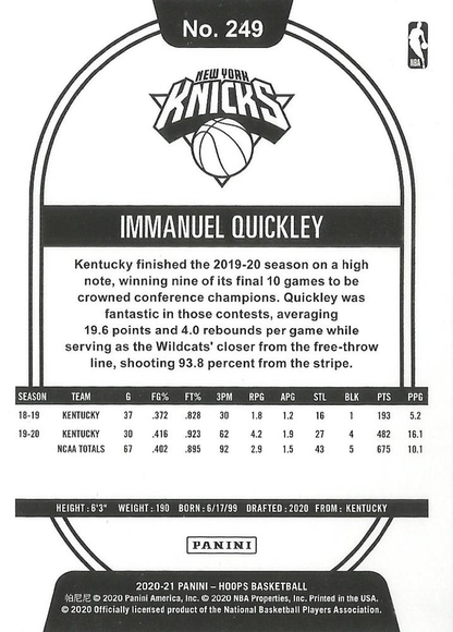 2020 Panini Hoops Immanuel Quickley RC #249 New York Knicks