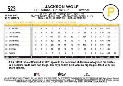 2024 Topps Series 2 Jackson Wolf RC Pittsburgh Pirates #523