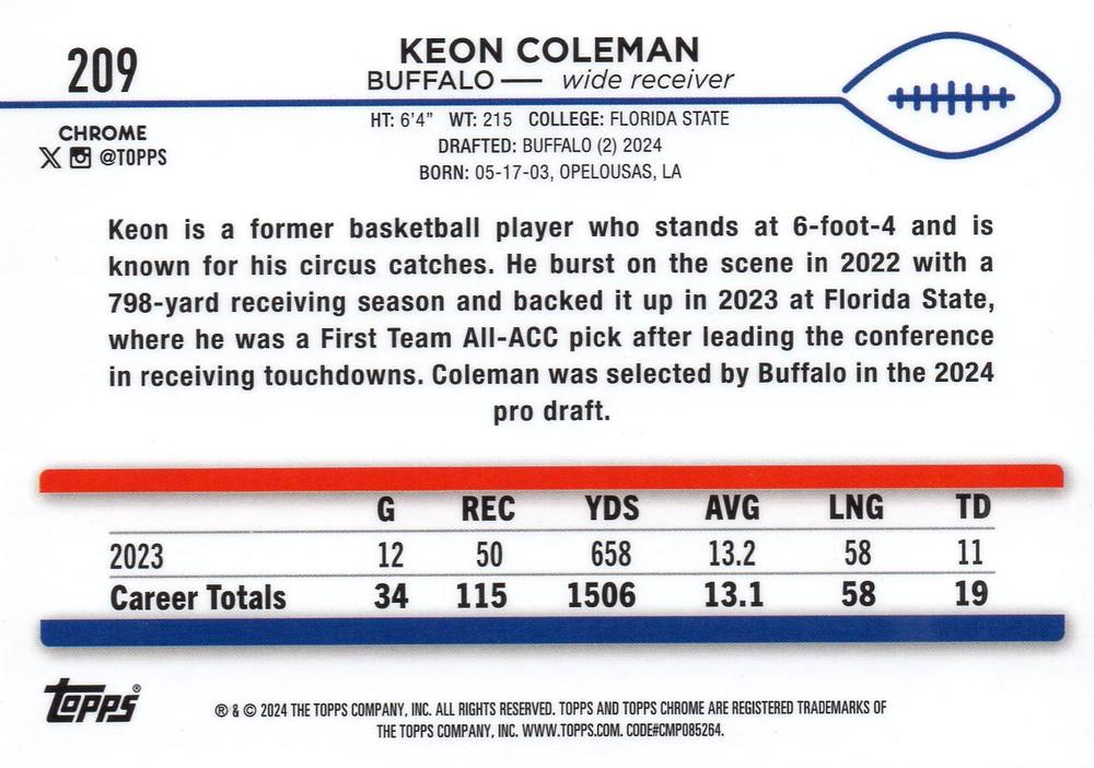 2024 Topps Chrome Football X- Fractor Keon Coleman RC #209 Buffalo Bills