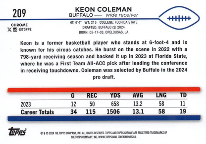 2024 Topps Chrome Football X- Fractor Keon Coleman RC #209 Buffalo Bills