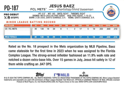 2024 Topps Pro Debut Jesus Baez #PD-187 FCL Mets