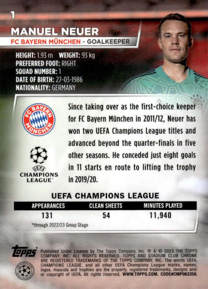 2022 Topps Stadium Club Chrome UCC Manuel Neuer #1 FC Bayern Munchen