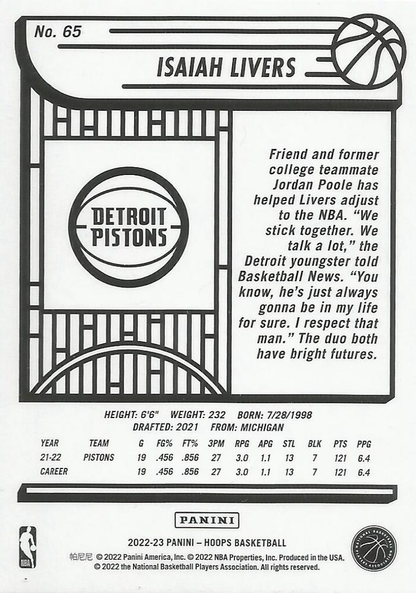 2022 Panini Hoops Isaiah Livers #65 Detroit Pistons