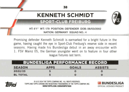 2023 Topps Chrome Bundesliga Kenneth Schmidt RC #38 SC Freiburg